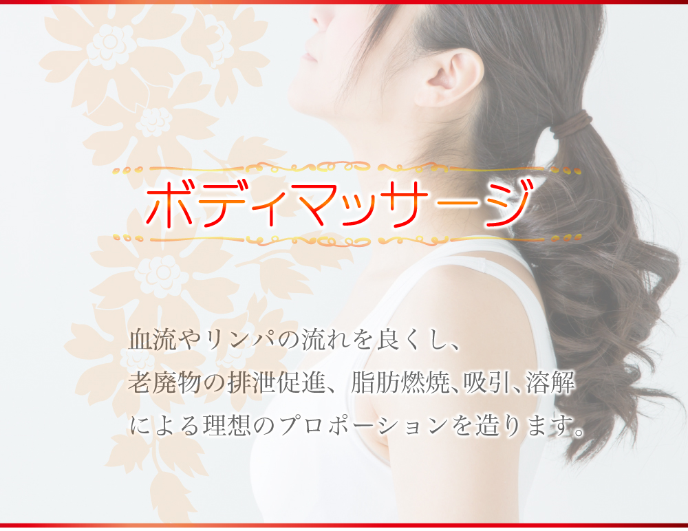 ボディマッサージ 血流やリンパの流れを良くし、老廃物の排泄促進、脂肪燃焼、吸引、溶解による理想のプロポーションを造ります。